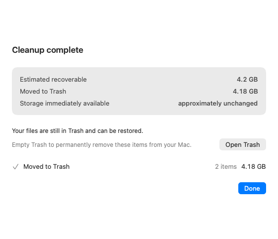 Receipt with three lines: Estimated recoverable, Moved to Trash, Storage immediately available.
